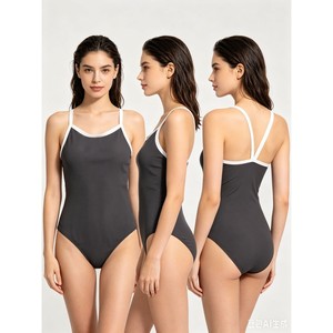 Maillot de bain une pièce pour femme, noir et blanc, dos nu, coupe ajustée, maillot de bain de compétition, SMLXL, polyester - Product Image 1