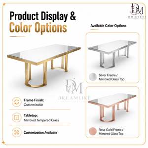 Table à manger élégante en acier inoxydable doré avec plateau en verre miroir et base en U ouverte, fournisseur en gros pour mariages et hôtels - Product Image 4