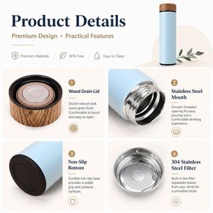 Custom Double Wall Vacuum Insulated Stainless Steel <b>Thermos</b> Water <b>Bottle</b> with Wood Grain Lid Promotional Corporate Gift Flask - Product Image 3