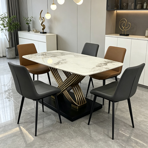 Ensemble de table à manger moderne en pierre frittée avec base en acier inoxydable doré torsadé, chaises en cuir PU, 6 places, style minimaliste - Product Image 4
