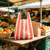 Sacs de courses en plastique HDPE jetables à poignées, rayés rouge-blanc, imprimés en héliogravure pour l'épicerie et la vente au détail