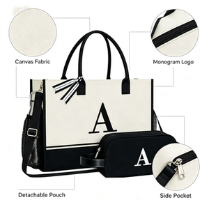 Bolsa de Lona Personalizada con Iniciales, Borlas, Regalo Perfecto para Bodas, Cumpleaños, Playa, para Mujeres, Madres, Maestras, Amigas, Negra - Product Image 3