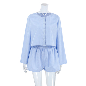 QINSI Custom Pajamas <strong>Crop</strong> Top Shorts Pajamas Two Piece Homewear Button up Plaid Women's Sleepwear Spring Pjs Loungewear - Product Image 4
