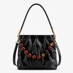 Fashion Trendy Solid Beaded Chain Pu Leather Mobile Phone Messenger Bag Crossbody Bag Luxury Brand Bucket Bag Women Handbag