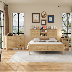 Letto matrimoniale Queen Size in stile rustico con testiera contenitore e stazione di ricarica, set camera da letto 3 pezzi - Product Image 2