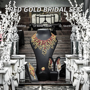 T102C Conjunto de Lujo Rojo Brillante de Marca Famosa para Mujer, Estilo África <span class=keywords><strong>Dubai</strong></span>, de Oro, para Novia, Compromiso, Boda, Fiesta, con Zirconia y Latón - Product Image 2