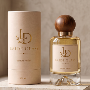 Botella de perfume de vidrio vacía de lujo con base en forma de montaña, 30 ml, 50 ml, 100 ml, botella de perfume redonda con tapón de bola de madera y caja. - Product Image 1