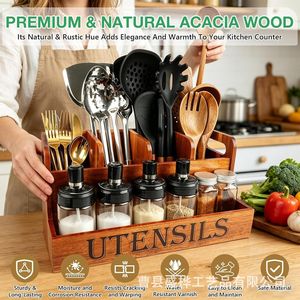 Wooden Utensil Storage Box With <b>Spice</b> <b>Jars</b> For Kitchen Organization L Size - Product Image 3