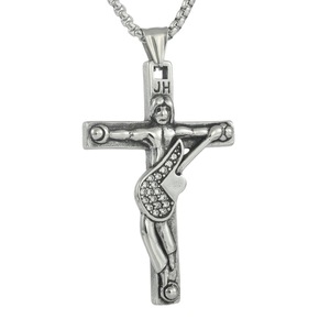 Pendentif croix en acier inoxydable avec incrustation de guitare, collier pour homme, bijoux de style rock, cadeau - Product Image 1