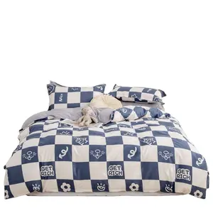 Blue And White Plaid Polyester Skin Friendly Microfiber Home 4 Piece Set Pillow Quilt Cover Bed Sheet