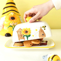 Pot à beurre carré en céramique avec couvercle, motif tournesol et abeille en relief, design frais et mignon, pour la cuisine