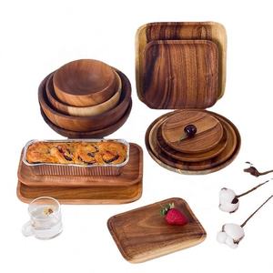 Plateau Coréen Créatif en Bois d'Acacia Écologique, Assiette Rétro pour Hôtel, Plat de Service Occidental, Ensemble de Plats et Bols, Assiette Ronde Gravée, Retour à l'École - Product Image 4