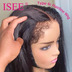 ISEE nouveau lancement Type 4C perruques délié perruque droite avec des cheveux de bébé crépus ventilé bords naturels cheveux humains HD Lace Front perruques