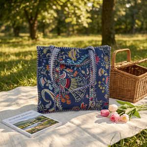 Handmade Cotton Winter Block Print Quilted Canvas Lining Fashion <b>Tote</b> <b>Bag</b> Open Zipper Large Reusable Shopping <b>Pockets</b> Wholesale - Product Image 2