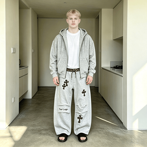 Men's Gray Embroidered Leopard Cross Cargo Sweatpants <b>Elastic</b> Waist Drawstring Wide Leg Casual Streetwear Pants Custom Logo - Product Image 1