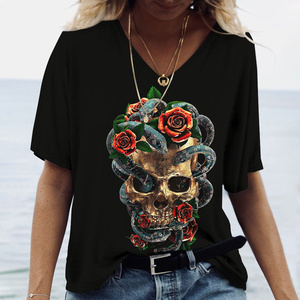 Nouveau T-shirt imprimé à manches courtes en laine respirante 3D avec motif de crâne gothique d'horreur d'été pour femmes et enfants, hauts tendance pour filles, tee-shirt cool - Product Image 3
