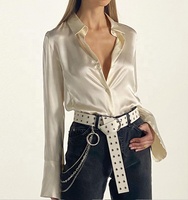 Hoch bewertete Damen-Tunika mit V-Ausschnitt, schlicht, langärmelig, lässig, aus Seidensatin, Bluse, Oberteil, Hemd