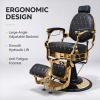Fauteuil de barbier hydraulique professionnel robuste, pivotant à 360°, inclinable, en cuir noir, avec accoudoirs dorés de luxe, pour salon de coiffure