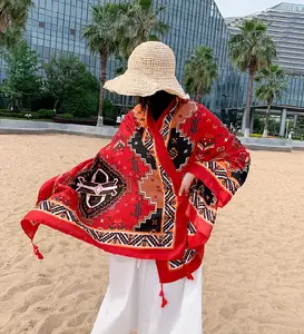 Retro Ethnischer Stil Twill Baumwolle Bedruckter Schal Mode Sommer lange Strands chals Rotes geometrisches Muster Kopf wickel Schals