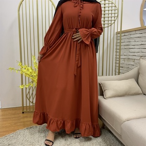 6389# New Coming High Quality Nida Dress Pleated Big Hem Style Cute Buttons Long Sleeve Maxi Dress <b>Islamic</b> Muslim Dresses - Product Image 6