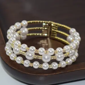 Pulseira de contas de pérolas DIY de venda quente com conjunto de joias com correntes de diamantes brilhantes para mulheres