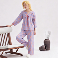 Nouvel ensemble de pyjama en coton gaze double couche à manches 3/4 style national pour femme, léger, pantalon long, collection printemps/été