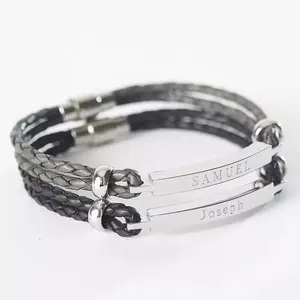 stainless steel Mens Personalized Leather Identity Bracelet engraved Blank Quote Bar name letter charm jewelry wholesale custom