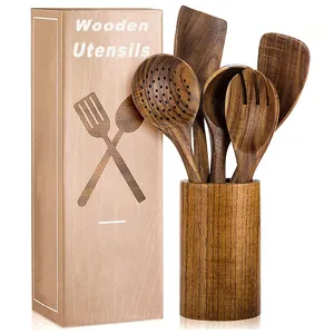 Custom Logo Biodegradable Natural, Teak Wooden Bamboo Kitchen Cooking Spatula Utensil 7 pc Set With Teak Utensils Holder/