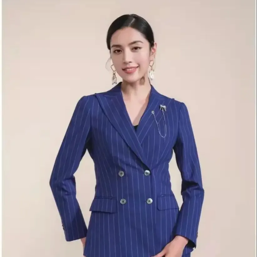 Blazer feminino listrado azul real, conjunto profissional de blazer para mulheres, calças para pés pequenos, formal para escritório, blazer para mulheres avançadas