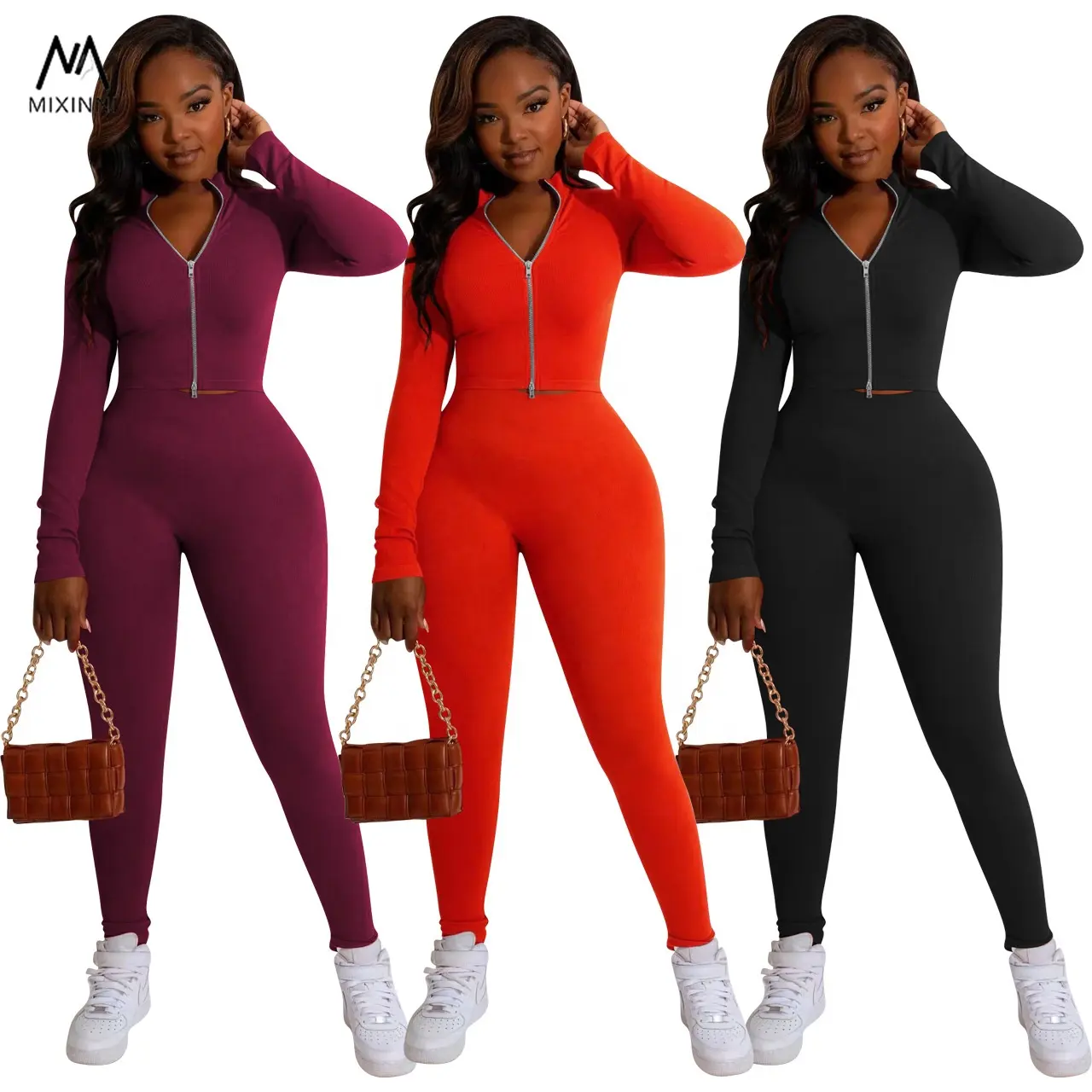 MXN 253 Solid color double zipper two piece set,hot sale casual women suits,sportswear ladies 2 piece set women
