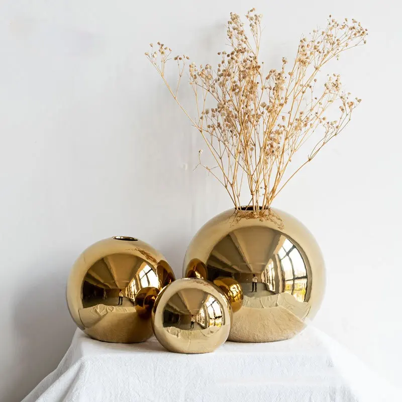 Florero de cerámica galvanizado dorado para Interior, florero decorativo moderno para el hogar y la sala de estar