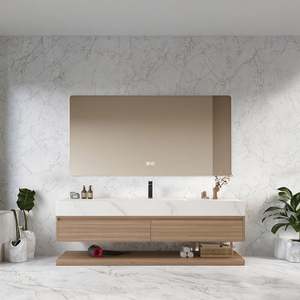 Ensemble de meuble-lavabo mural moderne avec miroir LED, armoire en bois et plateau en marbre - Product Image 3