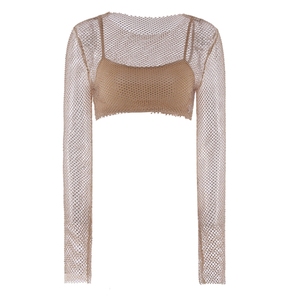 Top Corto de Malla con Pedrería Nude Personalizado, Manga Larga, Conjunto de 2 Piezas, Lencería Sexy para Mujer, Ropa de Festival, OEM - Product Image 1