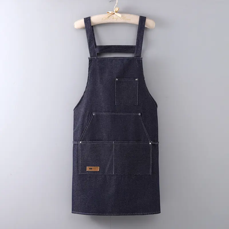 black kitchen home bib apron for women Custom embroidered Logo chef Cooking Denim chef canvas Apron with pockets