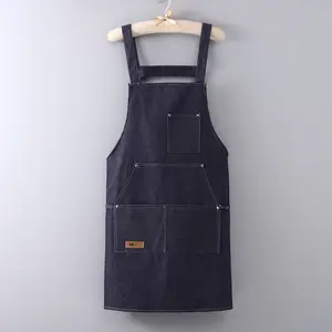 Zwarte Keuken Huis Slabbetje Schort Voor Vrouwen Custom Geborduurd Logo Chef-Kok Koken Denim Chef Canvas Schort Met Zakken