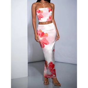 Conjunto de 2 Piezas de Falda Larga Ajustada con Estampado Floral para Mujer, a la Moda - Product Image 5