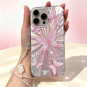 <span class=keywords><strong>Coque</strong></span> <span class=keywords><strong>de</strong></span> téléphone Y2K esthétique argentée effet laser ondulé <span class=keywords><strong>avec</strong></span> imprimé papillon et nœud mignon, protection anti-chute <span class=keywords><strong>avec</strong></span> chaîne à main perlée - Product Image 1