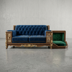 Fabricant de FF&E |   <span class=keywords><strong>Canapé</strong></span> capitonné en velours bleu néoclassique avec lit pour animaux intégré |   Inlay en marbre pour hôtels de luxe |   OEM - Product Image 1