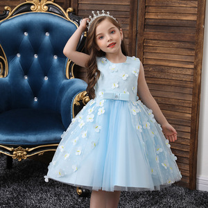 Robe de demoiselle d'honneur pour filles, en Tulle bleu clair, ligne A, sans manches, col rond, robe de princesse avec fleurs, robe de soirée pour enfants - Product Image 1