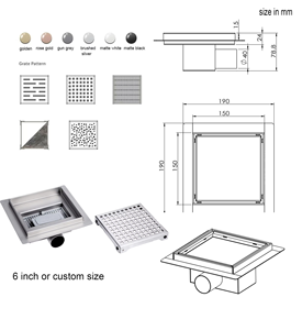 Square 15x15cm Anti-Odor Outdoor Drain Bathroom Hair Catcher Stainless Steel 304 <b>Brushed</b> Silver Universal Shower <b>Floor</b> Drain - Product Image 4