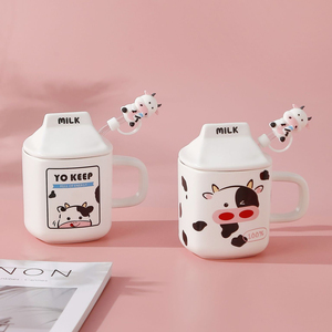 Cute Cow <b>Ceramic</b> <b>Mug</b> with Lid and Straw Creative Milk Bottle Shape Coffee Cup Kawaii Animal Breakfast Cup for Kids - Product Image 5