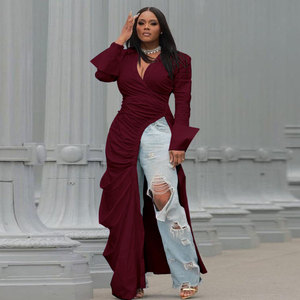 Zqs10332 Deep V Side Slit Slim Dress Sexy European American Casual Nightclub Traje hasta el suelo Otoño Liso teñido Sólido Gasa - Product Image 5