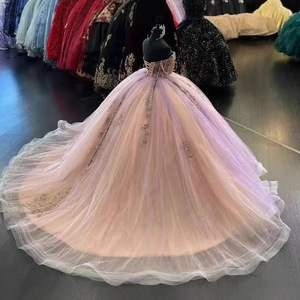 Off Shoulder Pink Ball Gown Tutu Dress Empire Waist 3D Patterns Organza Evening Dress For Women - Product Image 3