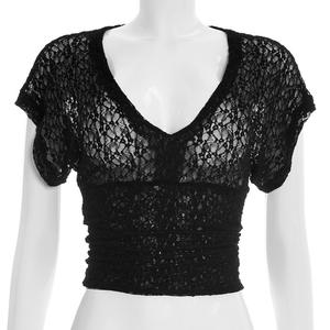 Viviblook J26TP051 Blusas Casuales para Mujer, Nuevas, Sexys, de Color Sólido, Cuello en V, Encaje, Ajustadas, de Manga Corta, para Mujer - Product Image 4