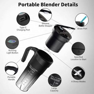 Licuadora Portátil de 16 Oz para Gimnasio, Tipo C, Recargable, para Batidos, con Pajita y Cepillo - Product Image 4
