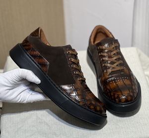 Baskets décontractées pour hommes en cuir de crocodile 100 % véritable, marron, à lacets, basses, de luxe, style skate - Product Image 5