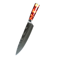 Couteau de chef japonais en acier inoxydable Damas, trois pièces, pour gaucher, jetable, fait main, manche en résine rouge, tranchant, laser