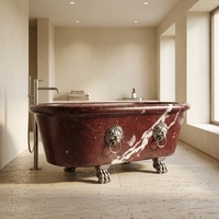 Baignoire ovale autoportante en marbre rouge veiné avec pieds en forme de tête de lion et pieds argentés pour maison et hôtel