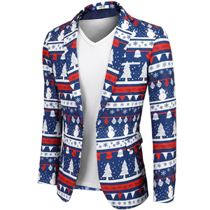 Men's Christmas <b>Blazer</b> Blue Red White Snowman Tree Pattern Single Breasted Notched Collar Business Suit Coat - Product Image 1