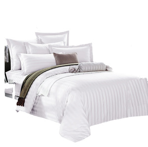 Ensemble de quatre pièces en satin d'hôtel draps de lit et housse de couette à rayures blanches en pur coton <span class=keywords><strong>lin</strong></span> tissé numérique simple pour une utilisation en Bed & B - Product Image 1